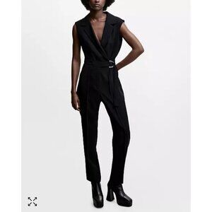 MNG by Mango‎ Black Sleeveless Belted Wrap Straight Leg Jumpsuit XL NWT